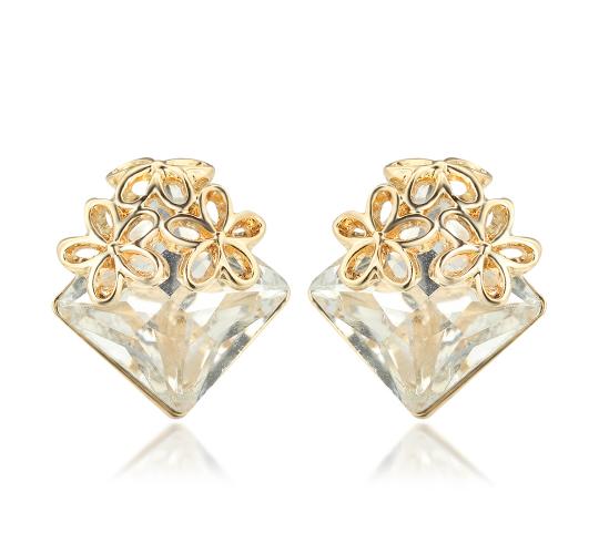 20 x Earrings Gold Tone Plated Flower with Square Crystal Clip On | UK SELLER | GCJ129