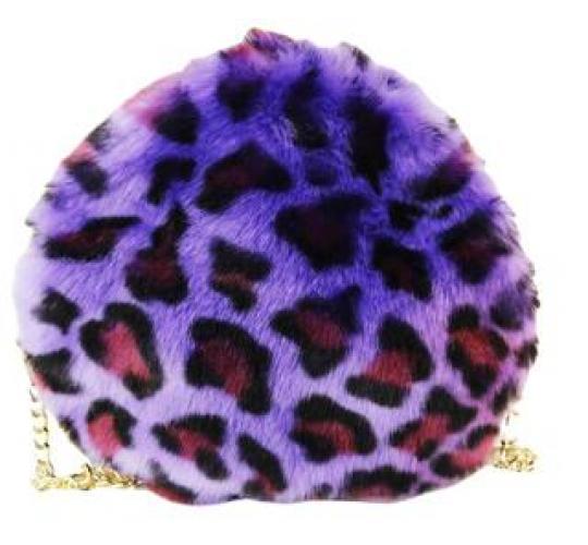 Leopard Purple Faux Fur Bag with Long Gold Chain Strap