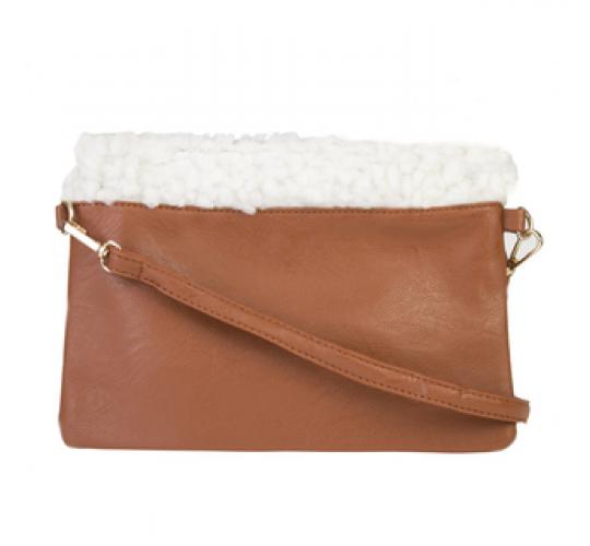 Brown Faux Leather Bag with Shearling Trim