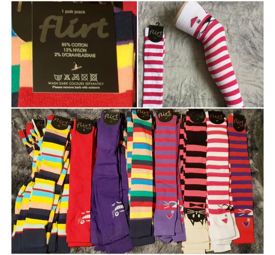 Lot of 49 Pairs of Flirt Thigh-High socks size 4-7 85% Cotton 7 designs tagged on hanger