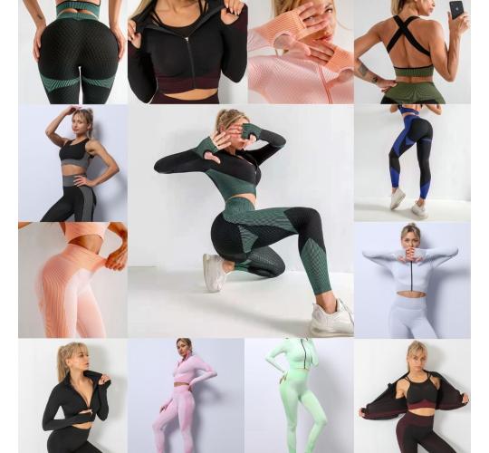 150pc (50Sets) x Anti-Cellulite High Waist Gym Suit Tri-Set(Leggings, Sports Bra & Cropped Jacket) l UK SELLER l GCL089-Pink