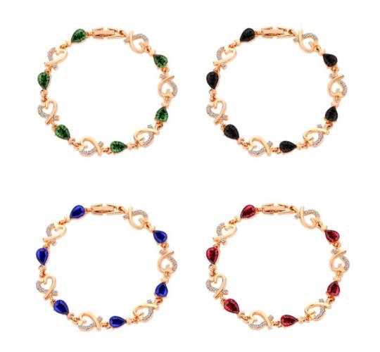 12pc Rose Gold Linked Heart Bracelet with Coloured Stones, 4 colours 3 each|GCJ167
