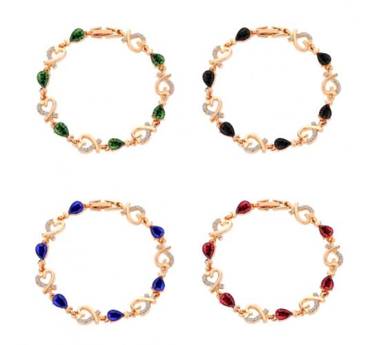 12pc Rose Gold Linked Heart Bracelet with Coloured Stones, 4 colours 3 each|GCJ167