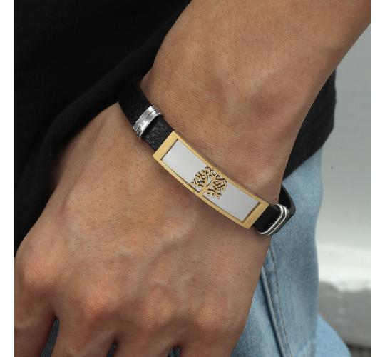 10pc Black Leather Stainless Steel Tree of Life Bracelet| GCJ214