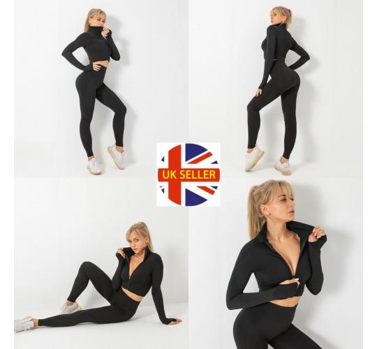 12pc x High Waist Anti-Cellulite Gym Suit Set (Leggings, Sports Bra)  l UK SELLER l GCL089-Black