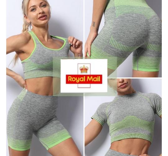 12pc Premium Quality Women Sport Breathable Bra Shorts Sport Running Cyclist Gym Fitness 3 Sizes|GCL090-Lime&Grey
