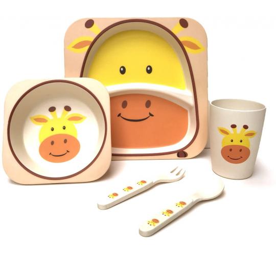 Case of 12 - Children's 5 Piece Bamboo Dinner Set, Eco-Friendly, Dishwasher Safe (Giraffe)