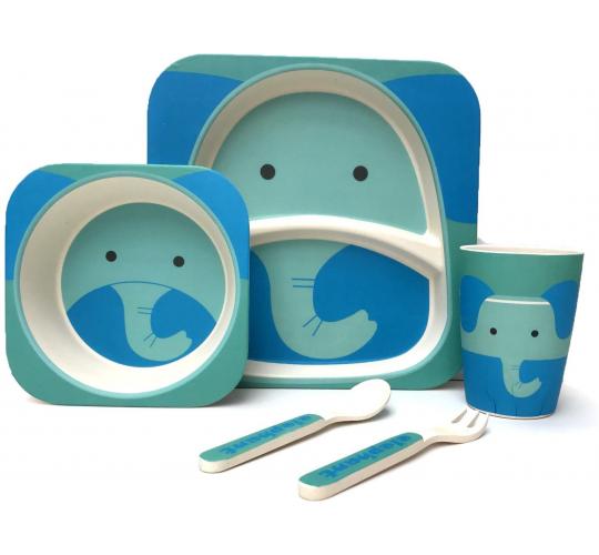 Case of 12 - Children's 5 Piece Bamboo Dinner Set, Eco-Friendly, Dishwasher Safe (Elephant)