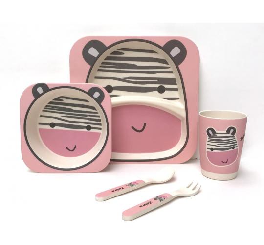 Case of 12 - Children's 5 Piece Bamboo Dinner Set, Eco-Friendly, Dishwasher Safe (Zebra)