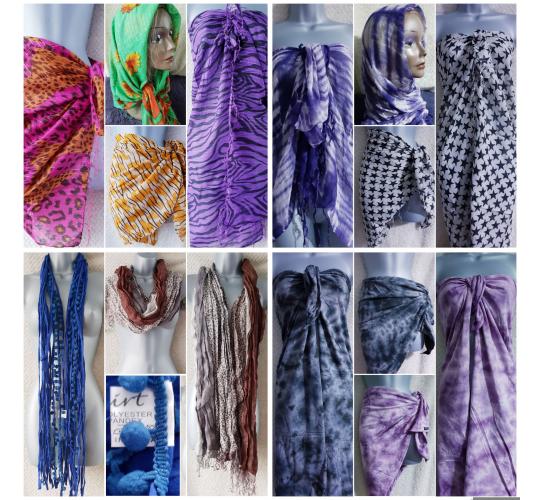 Lot (7) Summer & tie dye Scarves, wraps & cowls 14 designs 72 pieces