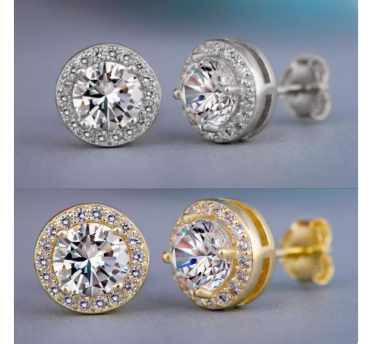 10pairs_Halo Stud Round Crystal Earrings - Gold Tone or Silver Tone_UK Seller_GCC032