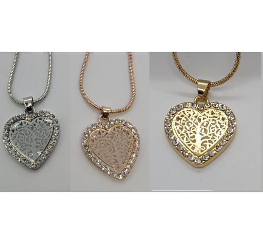 12pc_Family Tree Heart Crystal Necklace-Gold, Rose Gold or Silver_UK Seller_GCJ198Variable