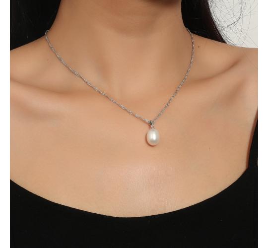 15pc_Silver Tone Necklace with Freshwater Pearl Pendant - White_UK Seller_GCJ221-White