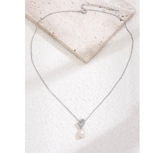 10pc_Crystal Heart with Freshwater Pearl Pendant in Silver Chain_UK Seller_GCJ223