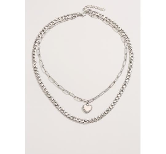 10pc_Stylish Silver Double-layer Cable Chain with Heart Pendant_UK Seller_GCJ228