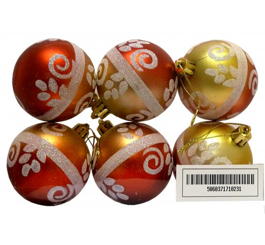 Red and gold baubles with silver design - 6 Pack
