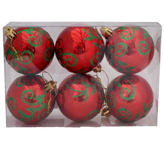 Red baubles with green design - 6 Pack