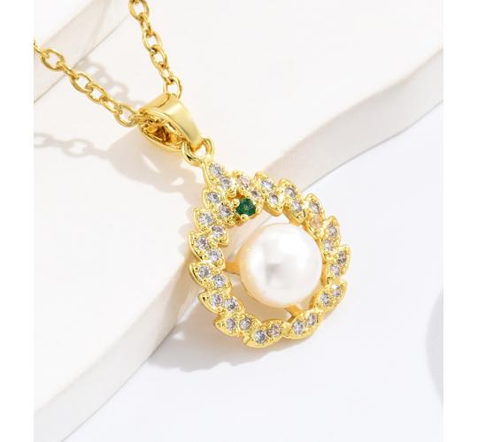 10pcs Leaf Shaped Round Pearl Crystal Gold Tone Pendant Necklace|GCJ341|UK SELLER