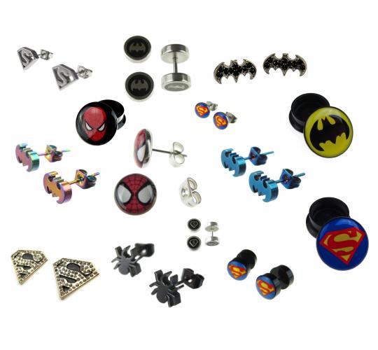 Wholesale Lot Of 100 Superhero Earrings and Ear plugs Batman Spiderman Superman