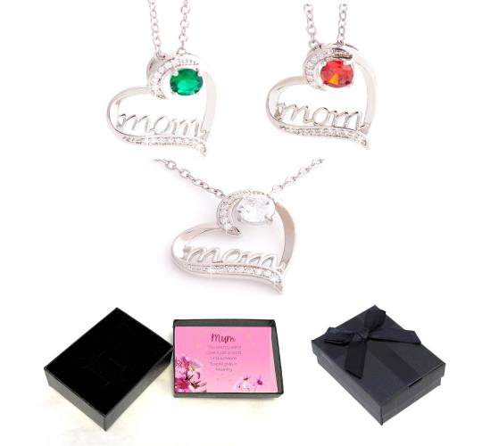 12pcs Mum Heart-shaped Zircon Crystals Pendant Necklace in Clear, Red, Green - 3 Colours 4 Each + Mum Message|GCJ551+Mum MSG|UK SELLER
