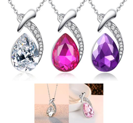 12pcs - Sapphire Zirconia Teardrop Crystal Silver Tone Pendant Necklace in Pink, Purple, Clear- 3 Colours 4 Each|GCJ148-Pink/purple/clear|UK SELLER