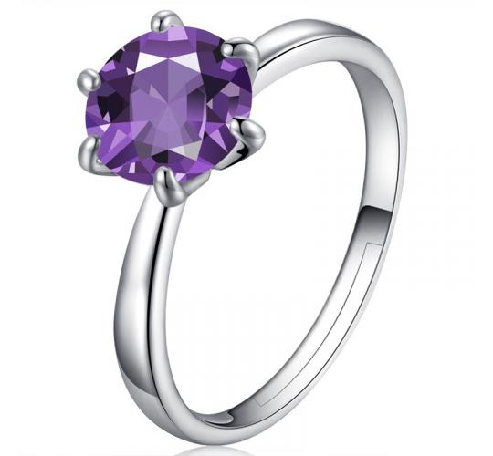 10 pcs - Solitaire Amethyst Zircon Purple Crystal 6 Prong Silver Ring in Size P and R – 2 Sizes 5 Each|GCC066|UK SELLER