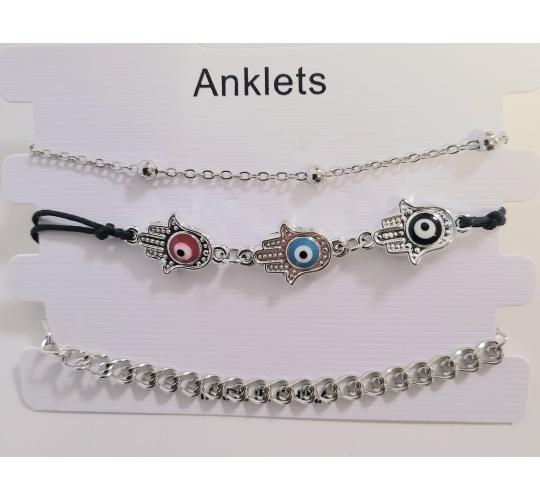 30 pcs - 3 Pcs Layered Hamsa Hand Evil Eyes Silver Anklet (10 Sets)|GCJA008|UK SELLER