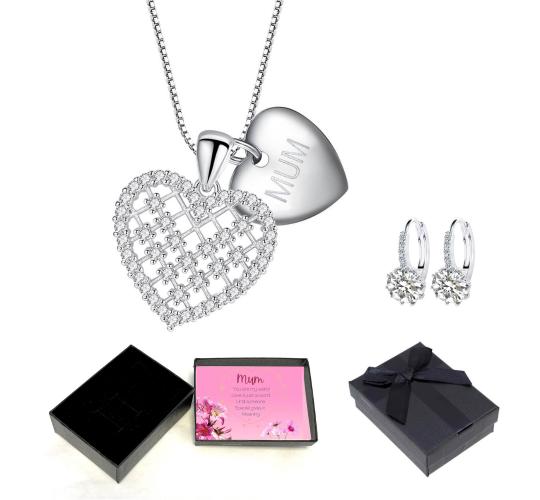 20 pcs - Heart Pendant with MUM Heart Tag Made from Swarovski Crystal and Huggies Earrings Set with Message box (10 Sets)|GCJ005GCJ339-Mum-MSG|UK SELL