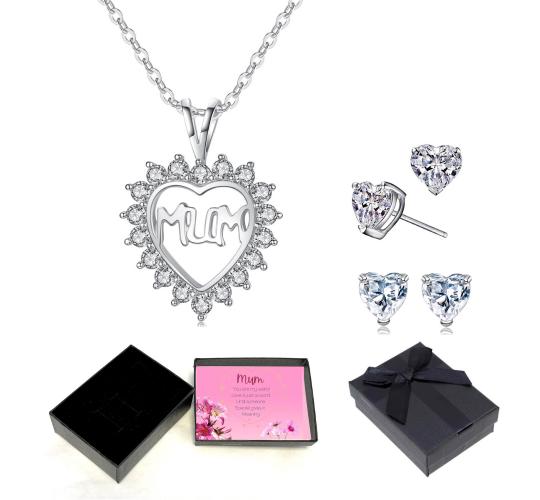20 pcs - Love Heart Zircon Crystals Pendant Necklace and Earrings Jewellery Set For Mum With Message Card Box (10 Sets)|GCJ143GCJ234Mum-message|UK SEL