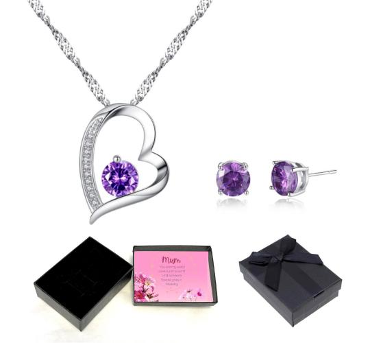 20 pcs -Sparkling Purple Heart Zircon Crystals Pendant Necklace & Earrings Set With Message Card Box (10 Sets)|GCJ155-2PcsSet-Mum-MSG|UK SELLER