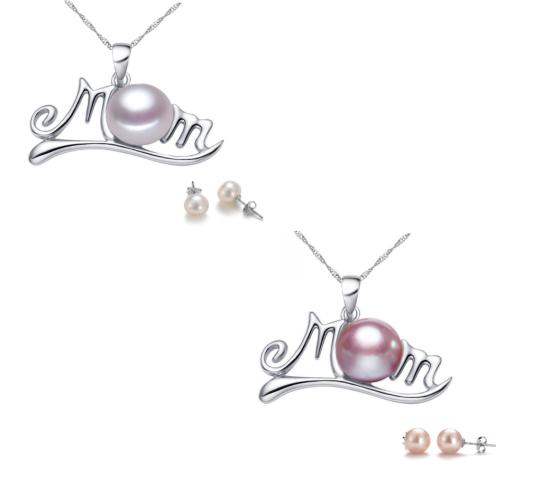 20 pcs - Mum Freshwater Pearl Pendant Necklace and Earrings Set in White and Purple (10 Sets) - 2 Colours 5 Each|GCC073-WHITE/PURPLE +GCJ231-WHITE/PUR