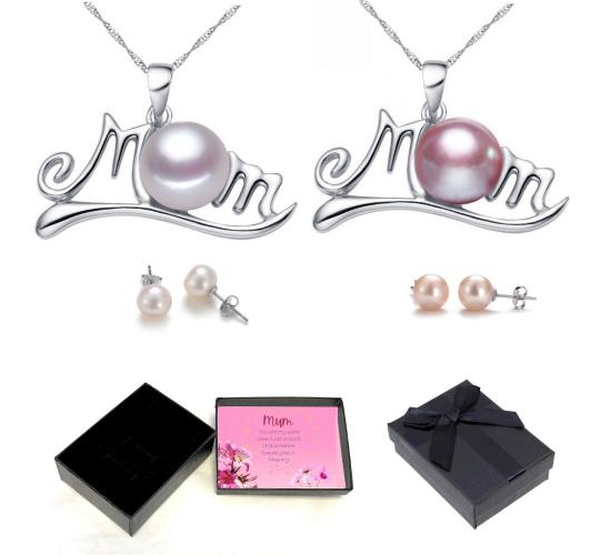 20 pcs - Mum Freshwater Pearl Pendant Necklace and Earrings Set in White and Purple (10 Sets) with Message Box - 2 Colours 5 Each|GCC073GCJ231-WHITE /