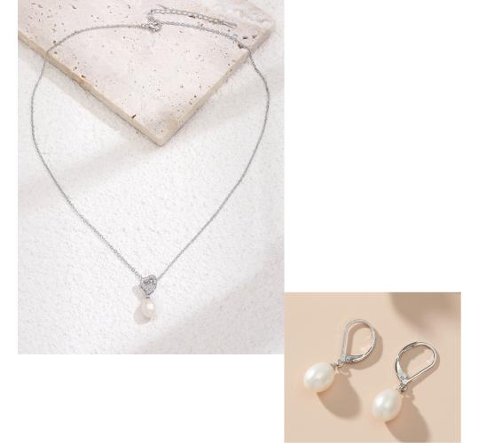 20 pcs - Crystal Heart with Freshwater Pearl Pendant Necklace in Silver Chain and Earrings Set (10 Sets)|GCJ223+GCJ236|UK SELLER