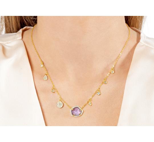 Gold Plated necklace with multiple little pendants and blue stone