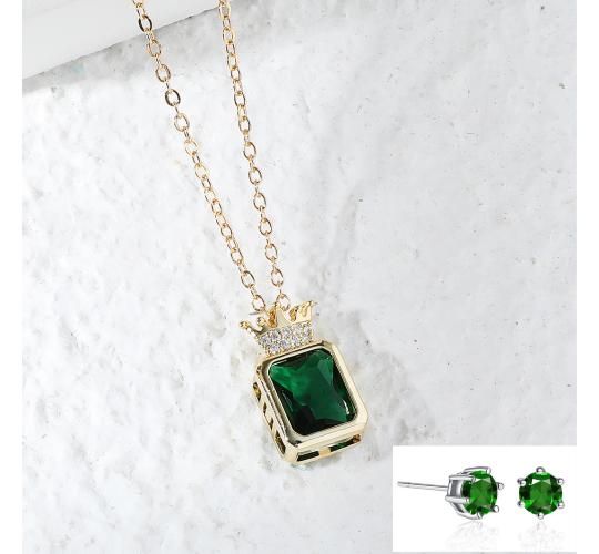 20 pcs - Emerald Crown Green Zircon Crystal Gold Tone Pendant Necklace and Earrings Set – 10 Sets|GCJ527+GSV004-Green |UK SELLER