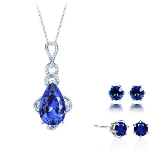 20 pcs - Blue Simulated Sapphire Teardrop Pendant Necklace and Earrings Set – 10 Sets|GCC019+ GCJ019BLUE |UK SELLER