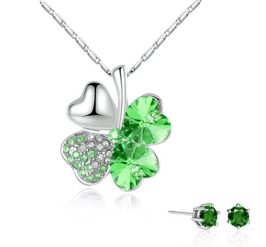 20 pcs - Crystal Green Four-leaf Flover Necklace and Earrings Set – 10 Sets|GCC053+GSV004-Green|UK SELLER