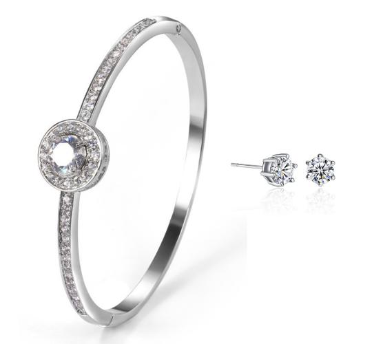 20 pcs - Crystal Silver Tone Luxurious Circular Bangle and Earrings Set – 10 Sets|GCC10+GSV004-Silver|UK SELLER