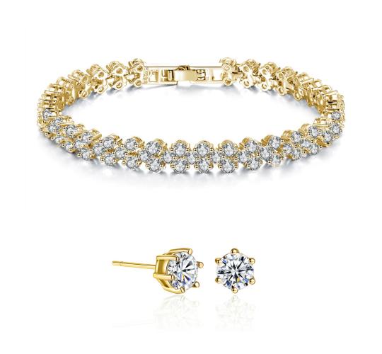 20 pcs - Gold Tone Tennis Bracelet with Clear Cubic Zirconia Crystal and Earrings Set – 10 Sets|GCC004+GSV004-Gold|UK SELLER