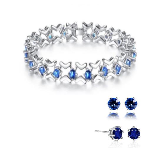 20 pcs - Blue Rhodium Plated Cubic Zirconia Link Bracelet and Earrings Set – 10 Sets|GCJ019GCJ023-Blue|UK SELLER