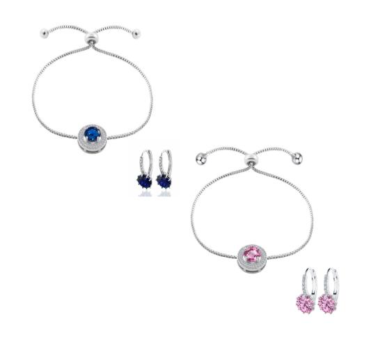 20 pcs - Silver Tone Crystal Adjustable Bracelet and Earrings set - Blue and Pink (5 Sets Each Colour) – Total 10 Sets|GCJ525-Blue/Pink + GCJ005-Blu