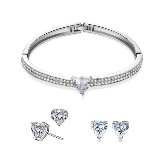 20 pcs - Silver Tone Heart Crystal Bangle and Earrings Set - 10 Sets|GCJ549+GCJ234|UK SELLER