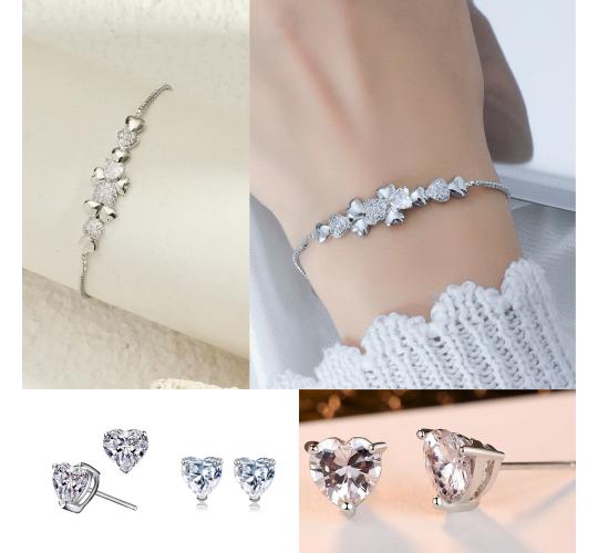20 pcs - Stunning Silver Four-leaf Clover Linked Heart Crystal Adjustable Bracelet and Earrings Set - 10 Sets|GCJ242+GCJ234|UK SELLER