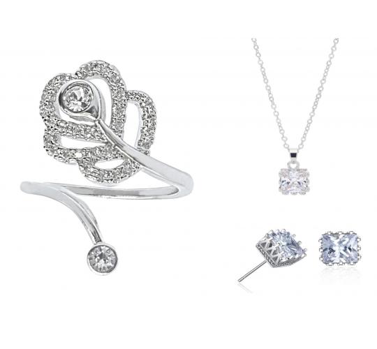 30 pcs - Silver Princess Cut Crystal Pendant Necklace Open Flower Ring and Crown Stud Earrings Tri-Set -10 Sets|GCJ087GCC046GCC104-Silver-Tri-Set|UK S