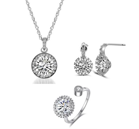 30 pcs -Halo Crystal Pendant Necklace Earrings Ring Silver Tone