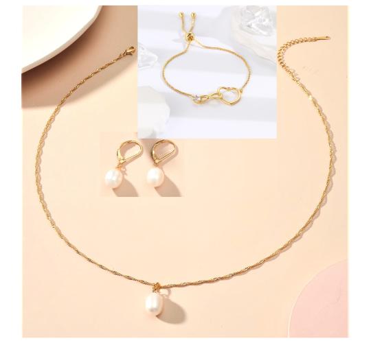 30 pcs - Freshwater Pearl Pendant Necklace Gold Tone Bracelet Earrings Tri-Set -10 Sets|GCJ188GCJ222GCJ236-Gold Tri Set|UK SELLER
