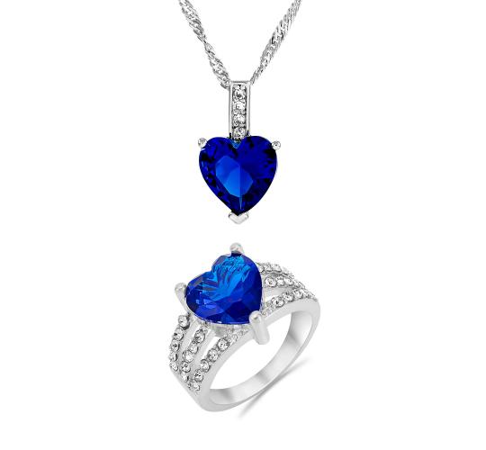 20 pcs - Blue Beautiful Simulated Crystal Elegant Pendant Heart-shaped Necklace and Ring Set - Random Ring Size - Total 10 Sets|GCJ010+GCJ024-Blue-Ran