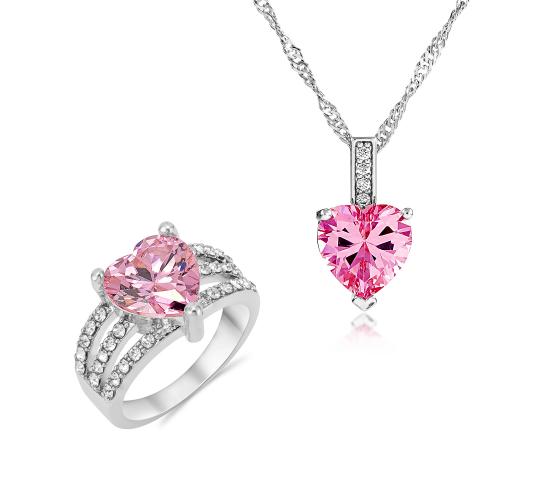 20 pcs - Pink Beautiful Simulated Crystal Elegant Pendant Heart-shaped Necklace and Ring Set - Random Ring Size - Total 10 Sets|GCJ010+GCJ024-Pink-Ran