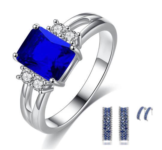 20 pcs - Trilogy Emerald Blue Crystal Ring and C Hoop Earrings Set - Random Ring Size - Total 10 Sets|GCJ017+GCJ032-Random Ring Size|UK SELLER