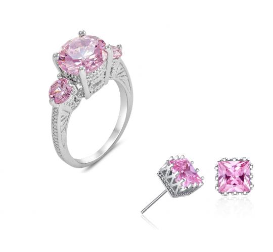 20 pcs - Pink Three Stone Cubic Zirconia Ring and Crown Crystal Stud Earrings - Random Ring Size - Total 10 Sets|GCJ028GCJ122Pink-Random Ring Size|UK 